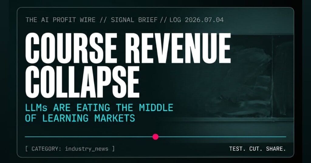 COURSE REVENUE COLLAPSE industry_news signal card from The AI Profit Wire, customers switching to free AI alternatives for personalized learning, Executive Data-Noir cyber-noir design.