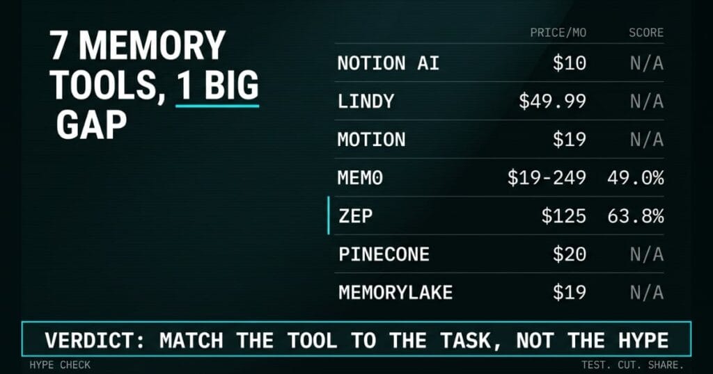 AI memory tools market map featured image, Zep vs Mem0 vs 5 other tools by price and benchmark score, AI Profit Wire.