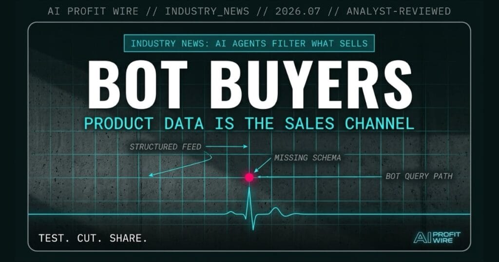 AI shopping agents signal card from The AI Profit Wire showing product data as the new sales channel, cyber-noir design