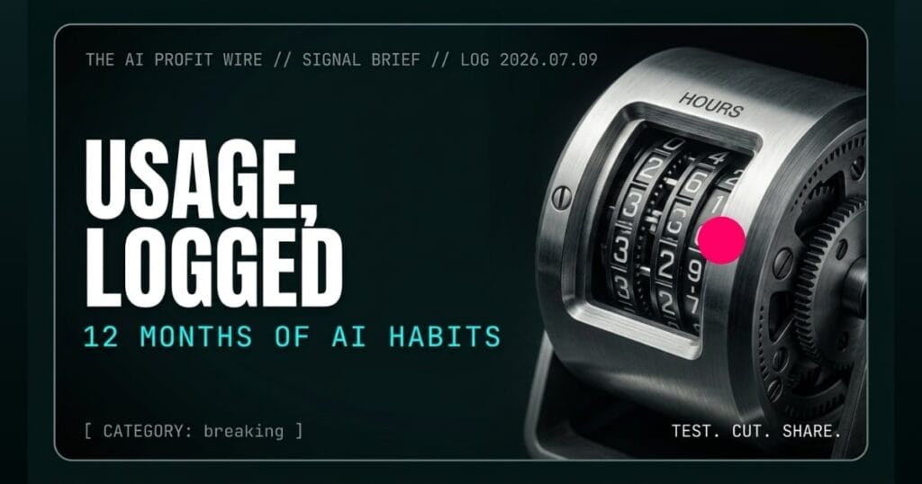 USAGE, LOGGED breaking signal card from The AI Profit Wire, Claude reflection dashboard tracks 12 months of usage, Executive Data-Noir cyber-noir design