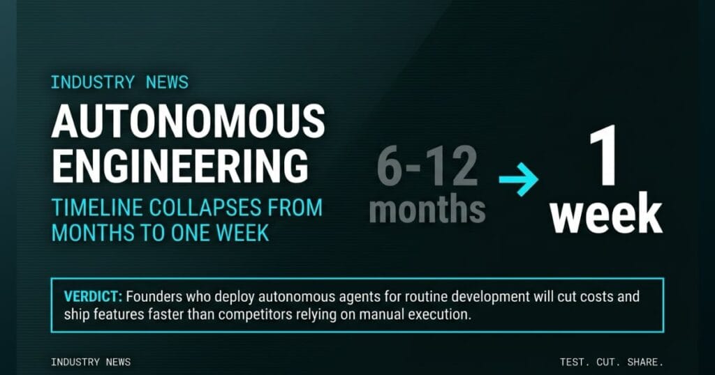 AUTONOMOUS ENGINEERING transform signal card from The AI Profit Wire, timeline collapsing from 6-12 months down to 1 week, Executive Data-Noir design.