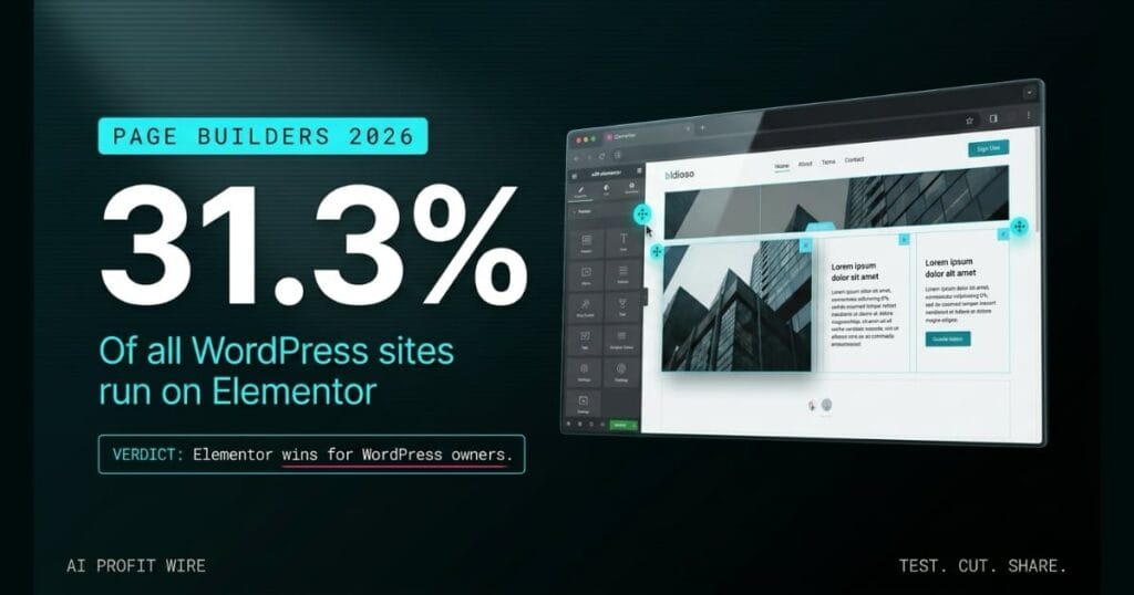 Elementor page builder roundup header from The AI Profit Wire, 31.3% of WordPress sites shown on a live website build, Executive Data-Noir design.