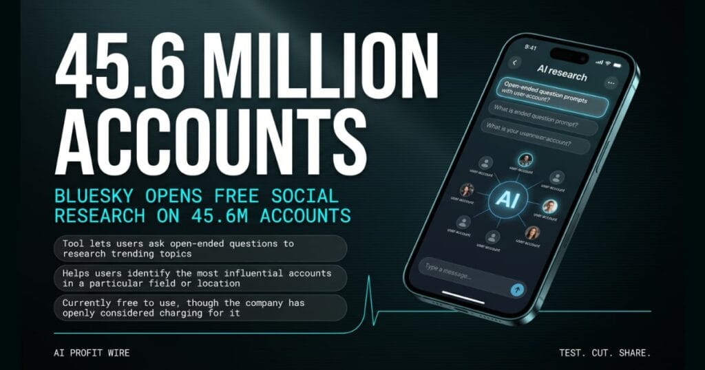 FREE RESEARCH WINDOW hero_stat_l_single signal card from The AI Profit Wire, 40 million users on a glowing smartphone interface, Executive Data-Noir design.
