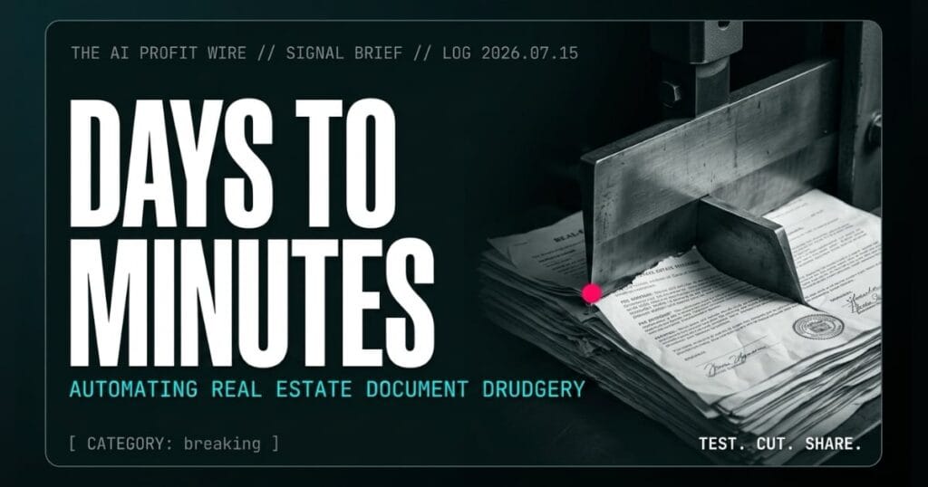 DAYS TO MINUTES breaking signal card from The AI Profit Wire, real estate documents cut from 9 days to minutes, Executive Data-Noir cyber-noir design.