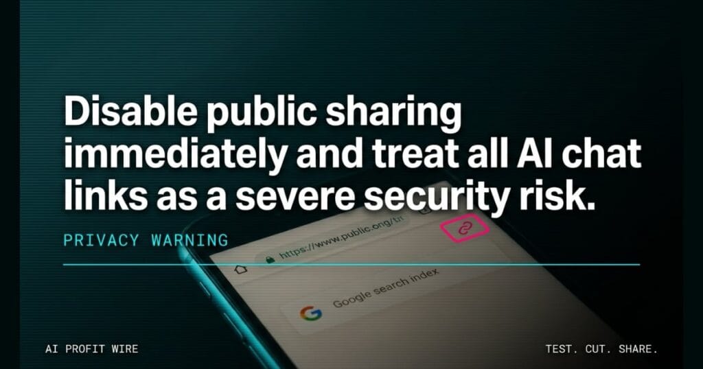 LINK EXPOSURE TRAP single_insight_n privacy warning featured signal card from The AI Profit Wire, smartphone showing indexed public AI chat link, Executive Data-Noir design.