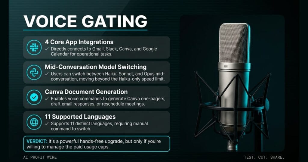 VOICE GATING logo_ledger_k featured signal card from The AI Profit Wire, studio microphone hero shot with 4 app integration rows and 11 languages, Executive Data-Noir design.