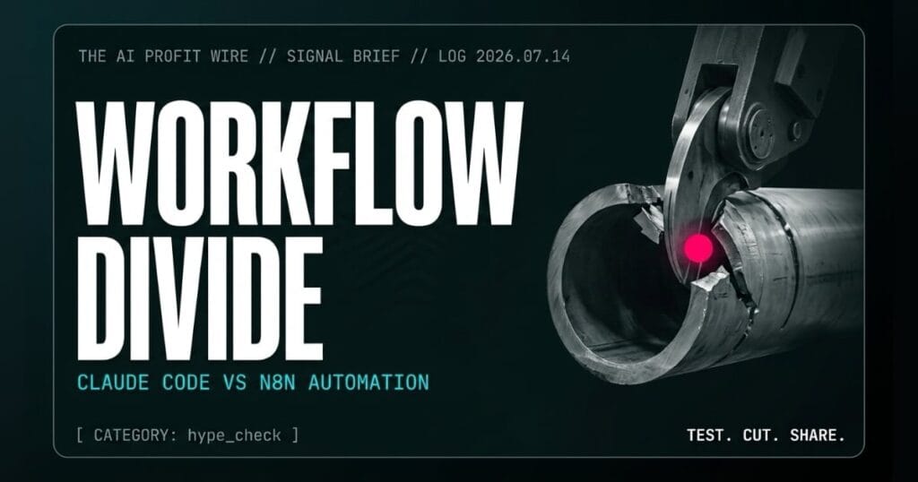 WORKFLOW DIVIDE hype_check signal card from The AI Profit Wire, industrial steel pipe severed by hydraulic cutter, Executive Data-Noir cyber-noir design.