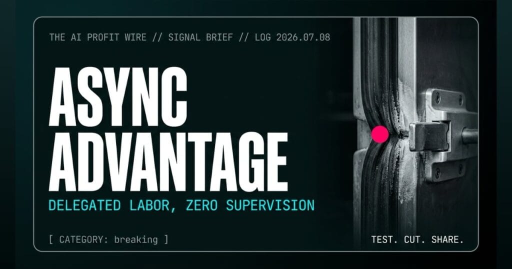 ASYNC ADVANTAGE breaking signal card from The AI Profit Wire, blast-freezer door seal compressing for asynchronous AI task delegation, Executive Data-Noir cyber-noir design.