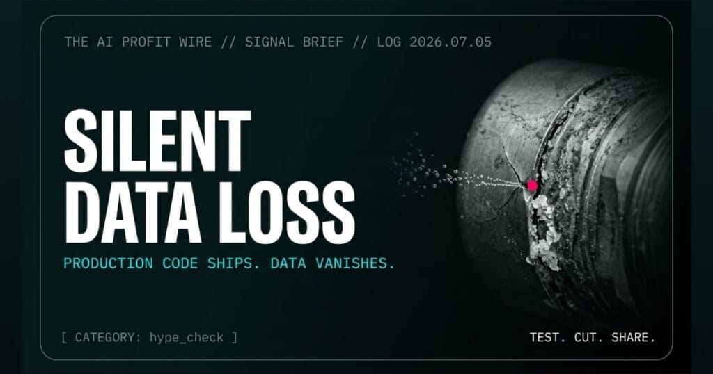 SILENT DATA LOSS hype_check signal card from The AI Profit Wire, $149 AI-generated sqlite-utils 4.0 release with unchecked data loss, Executive Data-Noir cyber-noir design.