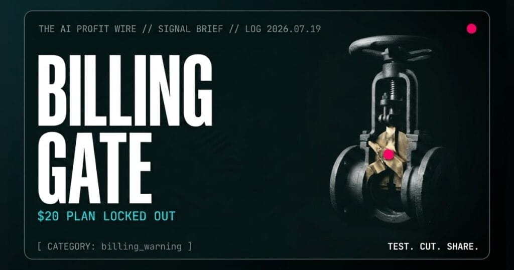 BILLING GATE billing_warning signal card from The AI Profit Wire, a heavy iron gate valve sheared half-open, Executive Data-Noir cyber-noir design.