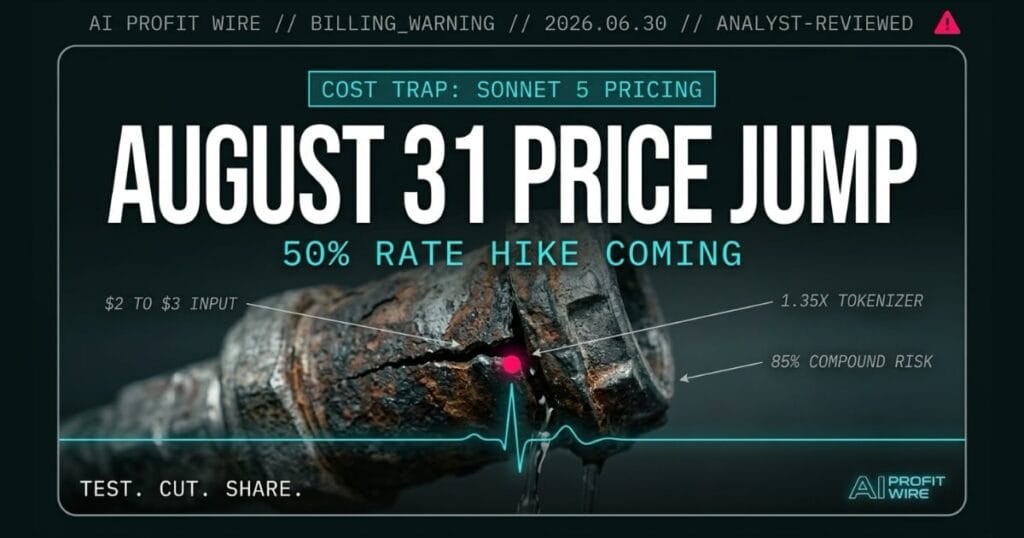 Claude Sonnet 5 billing warning signal from The AI Profit Wire showing August 31 price jump in cyber-noir brutalist design