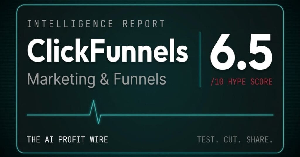 Intelligence Report graphic for ClickFunnels under Marketing and Funnels, showing a 6.7 out of 10 hype score by The AI Profit Wire.