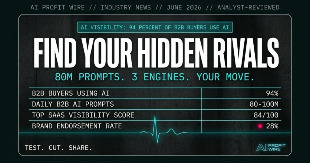 Competitive AI visibility analysis industry news signal card from The AI Profit Wire showing 94 percent B2B buyers use AI in cyber-noir design