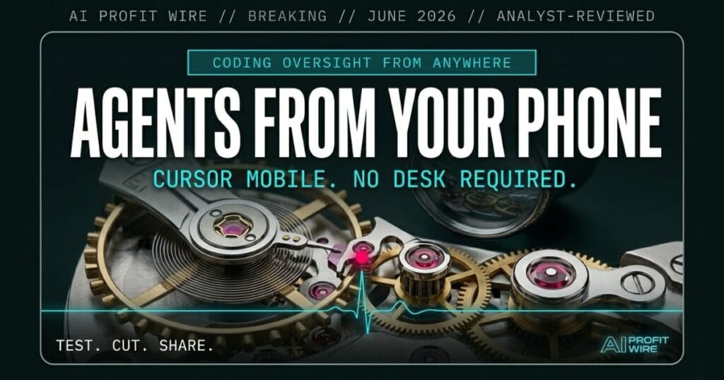 Cursor Mobile coding agents from phone breaking signal card from The AI Profit Wire showing remote agent oversight in cyber-noir design