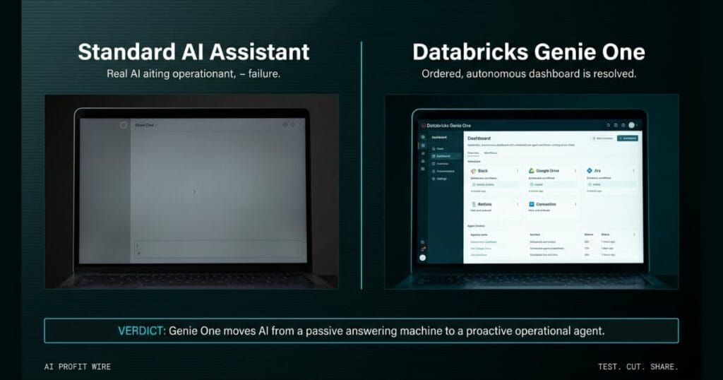 AUTONOMOUS METRIC WATCH comparison_bridge_j signal card from The AI Profit Wire, manual chat vs autonomous agent dashboard, Executive Data-Noir design.