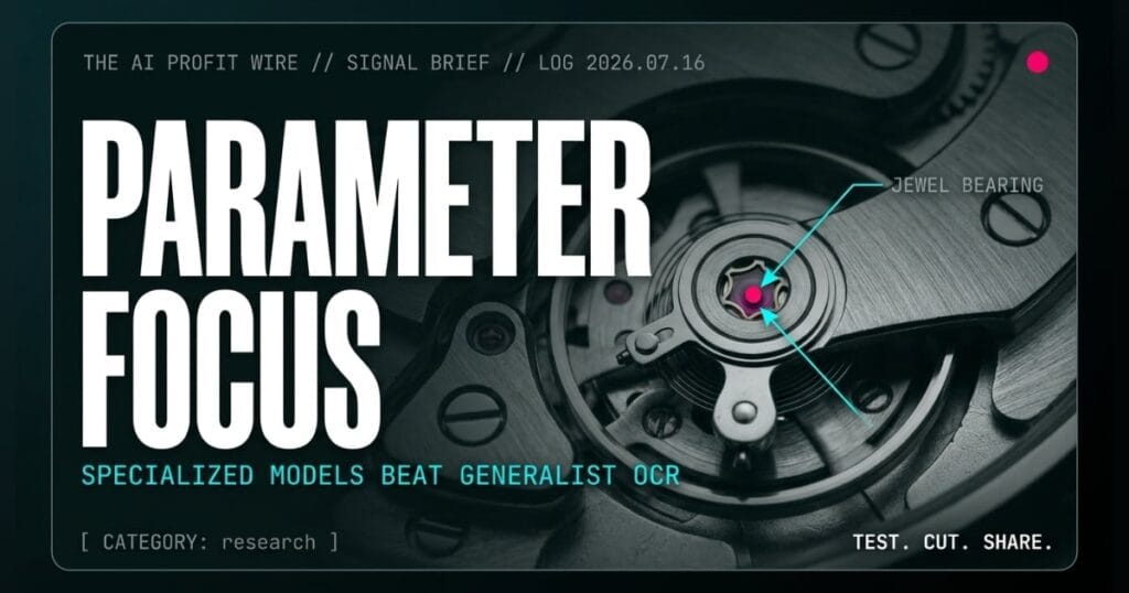 PARAMETER FOCUS research signal card from The AI Profit Wire, specialized AI beating generalist OCR models on non-English documents, Executive Data-Noir cyber-noir design.