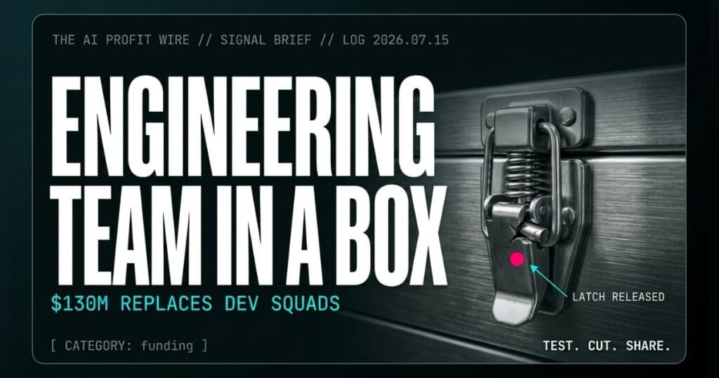 ENGINEERING TEAM IN A BOX funding signal card from The AI Profit Wire, $130M Series C to replace dev squads, Executive Data-Noir cyber-noir design.