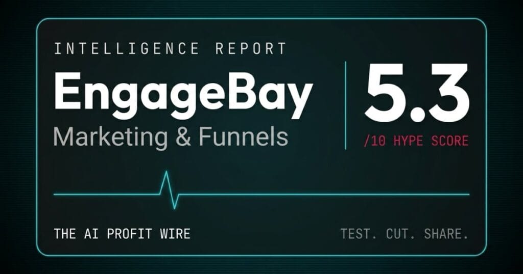 Intelligence Report graphics card for EngageBay, showing category Marketing & Funnels, a Hype Score of 5.3 out of 10, branding for THE AI PROFIT WIRE, and the motto TEST. CUT. SHARE.