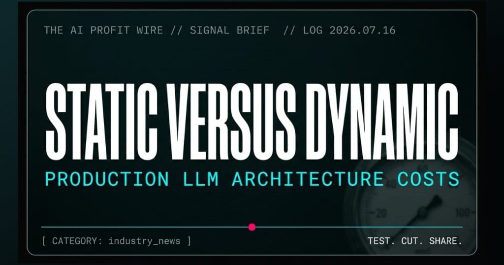STATIC VERSUS DYNAMIC industry_news signal card from The AI Profit Wire, comparing fine-tuning and RAG architecture costs, Executive Data-Noir cyber-noir design.
