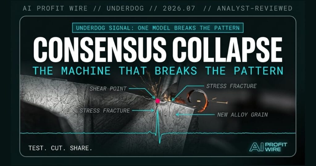 Flint underdog signal card from The AI Profit Wire showing LLM consensus collapse, cyber-noir design