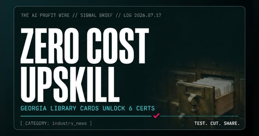 ZERO COST UPSKILL industry_news signal card from The AI Profit Wire, Georgia library card catalog drawer ghosted in lower-right corner, Executive Data-Noir cyber-noir design.