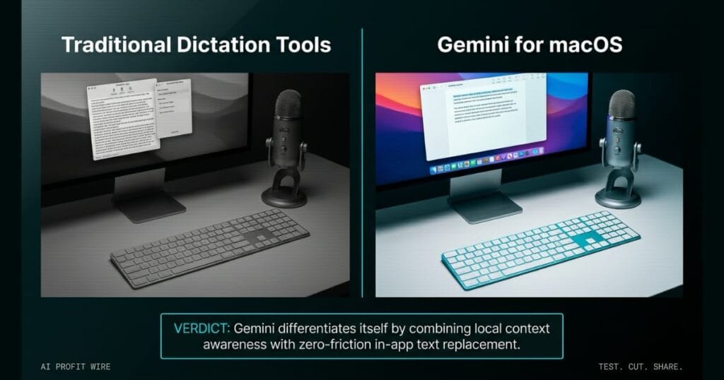 VOICE GATING comparison signal card from The AI Profit Wire, Magic Keyboard dictation before and after, Executive Data-Noir design.