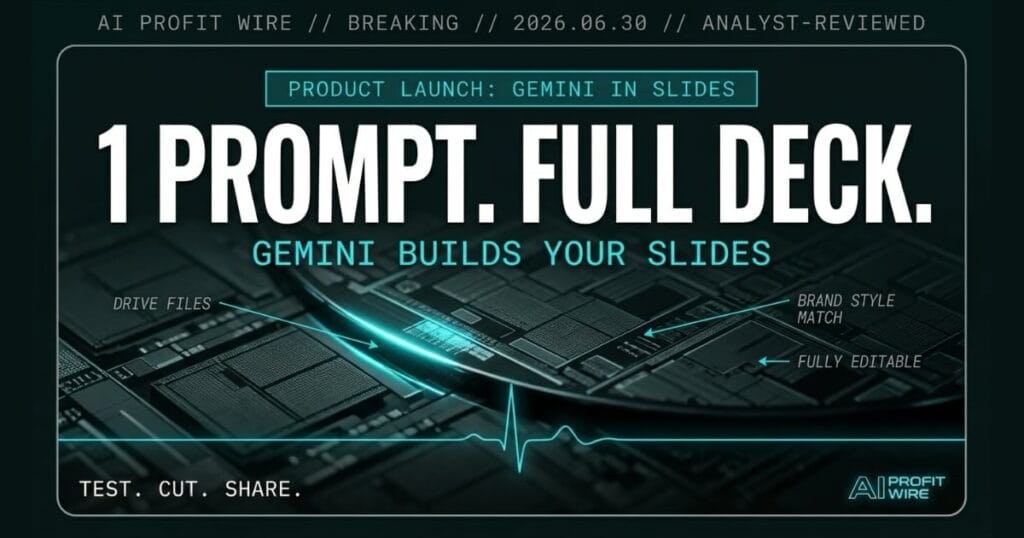 Gemini Google Slides breaking signal from The AI Profit Wire showing 1 prompt full deck generation in cyber-noir design