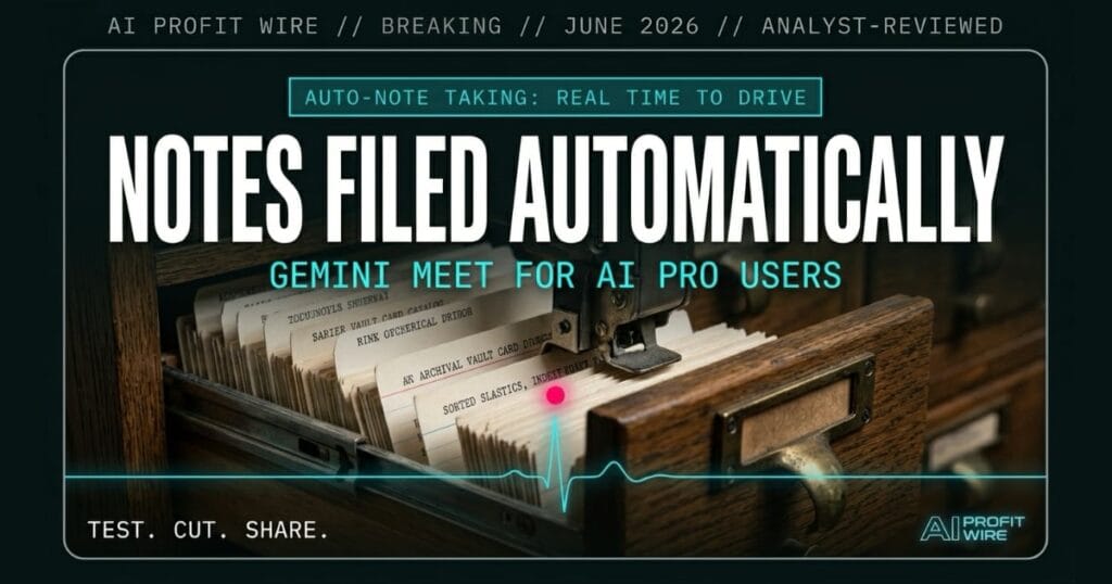 Gemini Meet notes AI note-taking breaking signal card from The AI Profit Wire showing automatic transcription and Drive saving in cyber-noir design