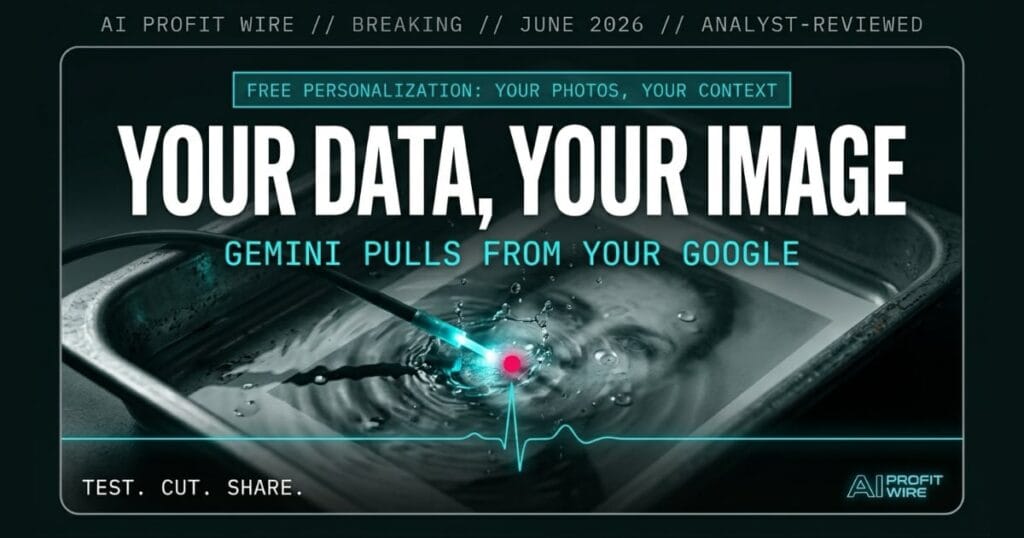 Gemini personalized image generation breaking signal card from The AI Profit Wire showing free AI image creation with Google Photos context in cyber-noir design