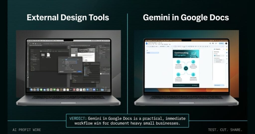 NATIVE CONTEXTUAL VISUALS comparison_bridge_j signal card from The AI Profit Wire, Gemini in Google Docs vs external design tools, Executive Data-Noir design.