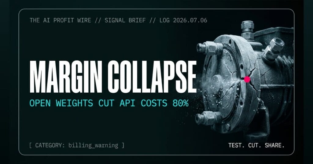 MARGIN COLLAPSE billing_warning signal card from The AI Profit Wire, GLM 5.2 cuts API costs 80%, Executive Data-Noir cyber-noir design.