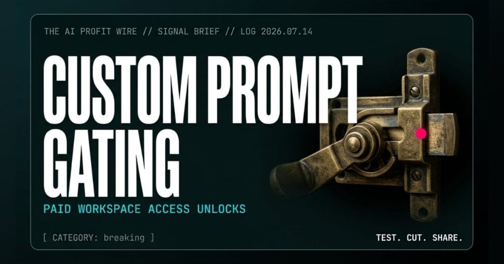 CUSTOM PROMPT GATING breaking signal card from The AI Profit Wire, brass lever lock bolt sliding open, Executive Data-Noir cyber-noir design.