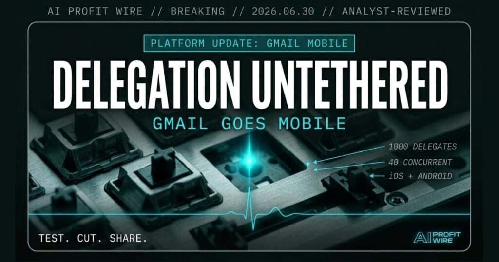 Gmail mobile delegation breaking signal from The AI Profit Wire showing delegation untethered from desktop in cyber-noir design