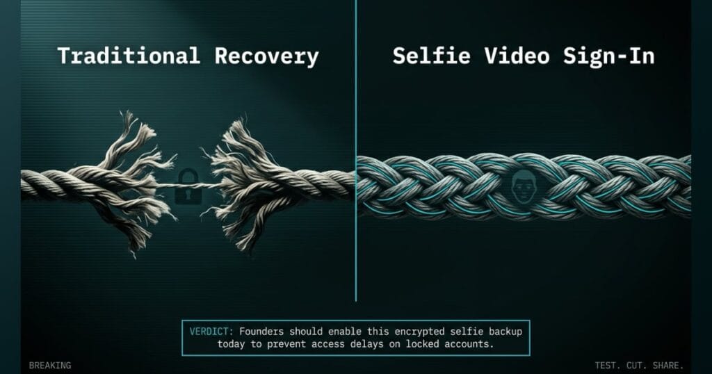 SELFIE SIGN-IN comparison_bridge_j signal card from The AI Profit Wire, violently unraveling rope with lock core vs reinforced braided rope with face silhouette and cyan security traces, Executive Data-Noir design.
