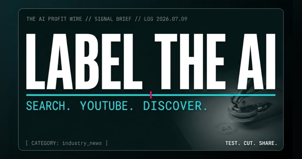 LABEL THE AI industry_news signal card from The AI Profit Wire, Google Ads AI labels on Search, YouTube, Discover, Executive Data-Noir cyber-noir design