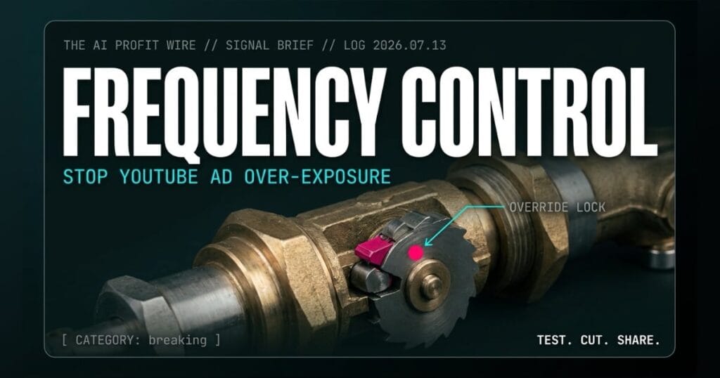 FREQUENCY CONTROL breaking signal card from The AI Profit Wire, extreme close-up of an industrial mechanical frequency governor valve, Executive Data-Noir cyber-noir design.