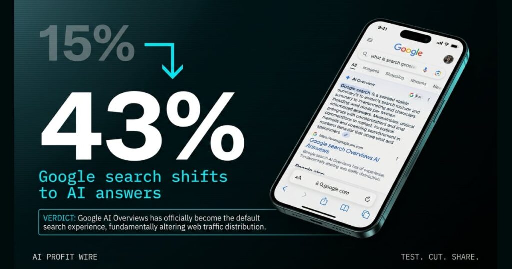 AI OVERVIEWS SURGE transform signal card from The AI Profit Wire, Google search visits jumping from 15% to 43%, Executive Data-Noir design.