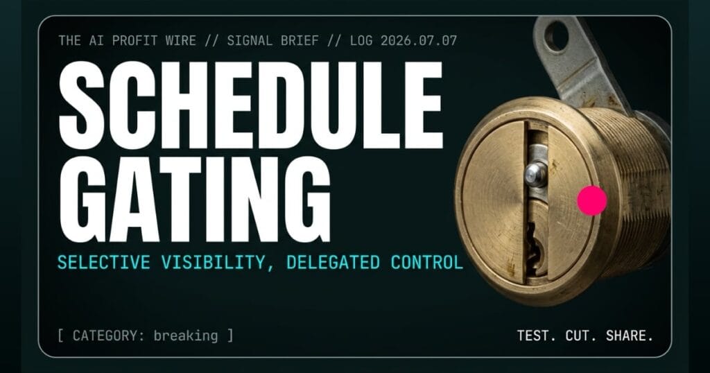 SCHEDULE GATING breaking signal card from The AI Profit Wire, Calendar hides private events from delegates, Executive Data-Noir cyber-noir design.