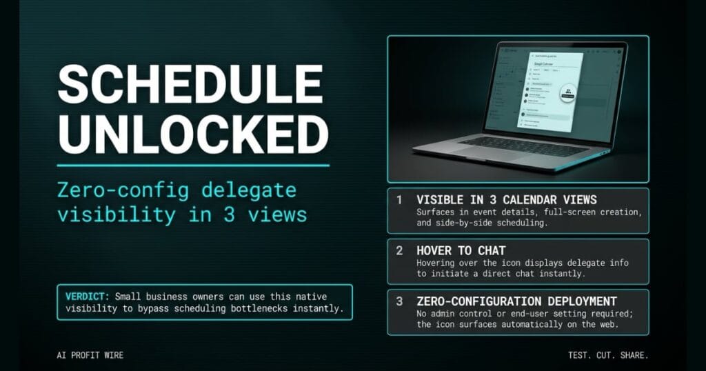 SCHEDULE UNLOCKED breaking signal card from The AI Profit Wire, laptop with Google Calendar delegate icon, Executive Data-Noir design.
