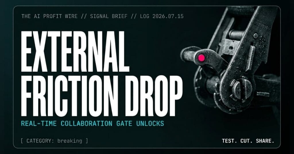 EXTERNAL FRICTION DROP breaking signal card from The AI Profit Wire, forged-steel cargo ratchet hook snapping open, Executive Data-Noir cyber-noir design.