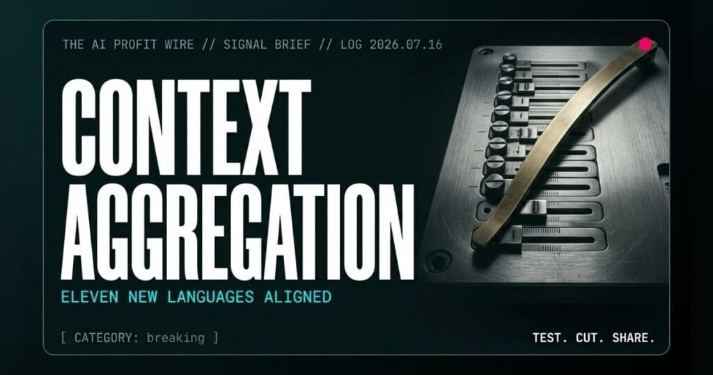 CONTEXT AGGREGATION breaking signal card from The AI Profit Wire, eleven calibration sliders aligned on a gauge plate, Executive Data-Noir cyber-noir design.