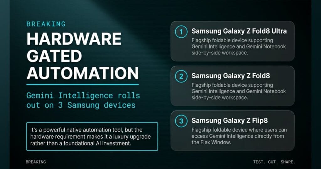HARDWARE GATED AUTOMATION breaking signal card from The AI Profit Wire, Gemini Intelligence on three Samsung foldable devices, Executive Data-Noir design.