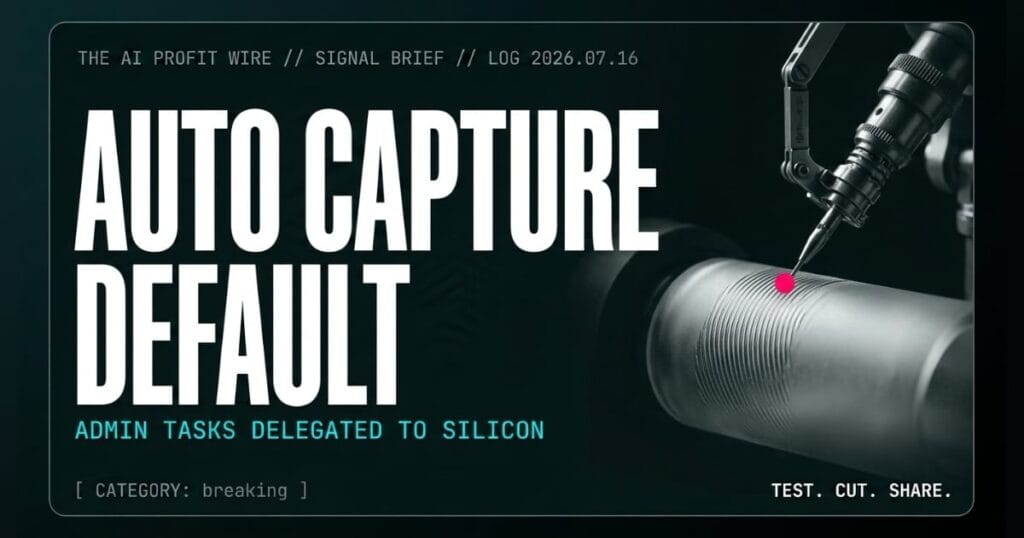 AUTO CAPTURE DEFAULT breaking signal card from The AI Profit Wire, watchmaker stylus engraving glass, Executive Data-Noir cyber-noir design.