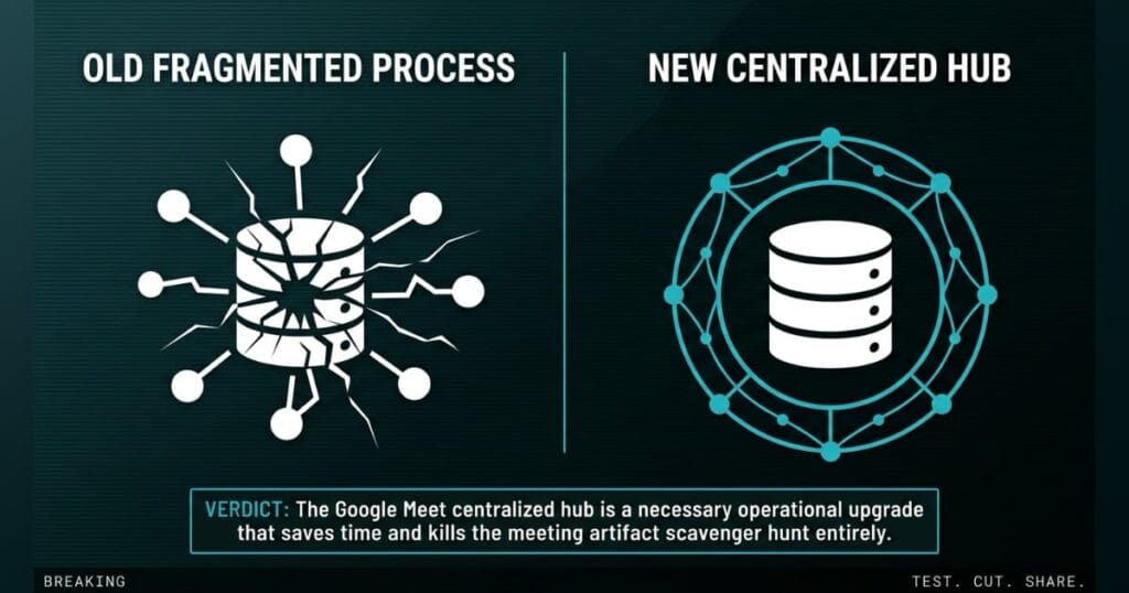 KILLS THE SCAVENGER HUNT comparison_bridge_j signal card from The AI Profit Wire, shattered vs intact ceramic representing 3 tools to 1 hub, Executive Data-Noir design.
