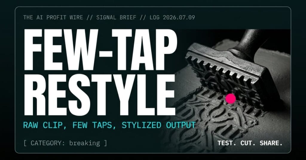 FEW-TAP RESTYLE breaking signal card from The AI Profit Wire, heavy cast-iron decorative stamp pressing into wet cement leaving a patterned imprint, Executive Data-Noir cyber-noir design.