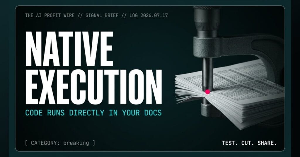 NATIVE EXECUTION breaking signal card from The AI Profit Wire, matte-steel micrometer compressing data tables on dark teal field, Executive Data-Noir cyber-noir design.