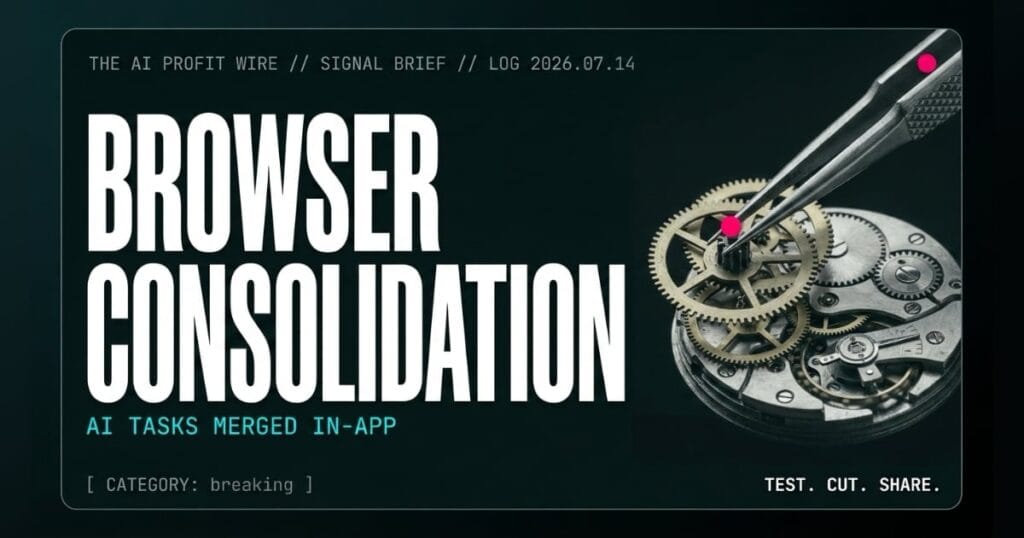 BROWSER CONSOLIDATION breaking signal card from The AI Profit Wire, tweezers locking three brass gears in sync, Executive Data-Noir cyber-noir design.