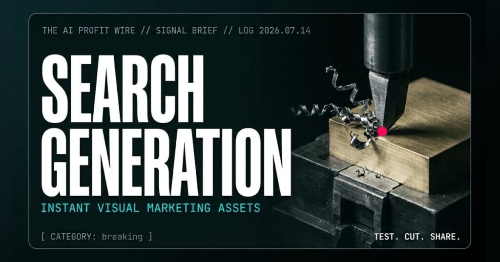 SEARCH GENERATION breaking signal card from The AI Profit Wire, letterpress die stamping visual assets, Executive Data-Noir cyber-noir design.