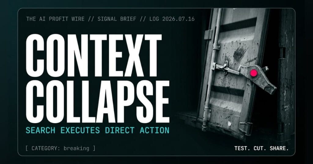 CONTEXT COLLAPSE breaking signal card from The AI Profit Wire, heavy steel container lock shearing open, Executive Data-Noir cyber-noir design.