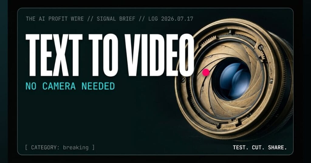 TEXT TO VIDEO breaking signal card from The AI Profit Wire, vintage camera lens iris shearing open, Executive Data-Noir cyber-noir design.